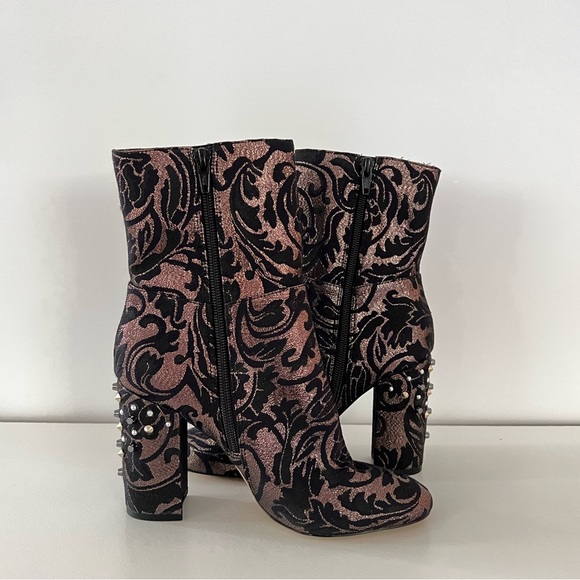 Printed Block Heeled Ankle Bootie with Studs - Picture 3 of 4